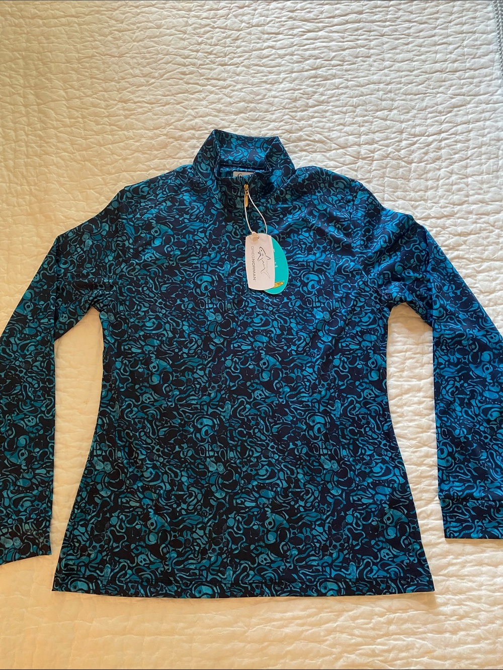 Greg Norman Teal and Navy Abstract Quarter-Zip Top